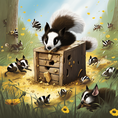 lordmunchkin cartoon of skunk with kits attacking a bee hive dc345a07-2d0e-444c-9ee9-87e908778c2b