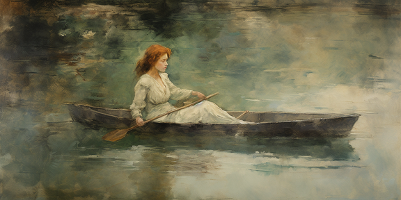 lordmunchkin a young girl in a canoe on a river in the style of ba609a91-30d7-4b27-9659-1b78b77ba554