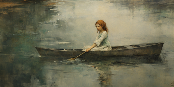 lordmunchkin a young girl in a canoe on a river in the style of 6e115592-d66c-48b5-8374-3d62de53a128