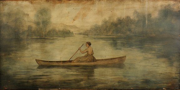 lordmunchkin a young girl in a canoe on a river in the style of 29808f4a-e884-46f3-816e-2c75dccd54f9