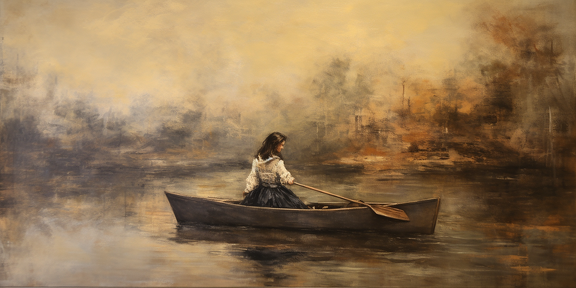 lordmunchkin a young girl in a canoe on a river in the style of 6ee6375c-eb52-4bb4-bb24-7d6b2116f20c