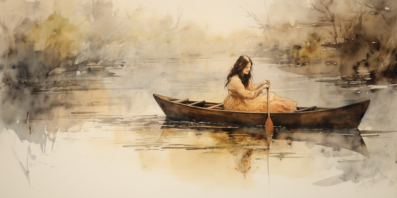lordmunchkin a young girl in a canoe on a river in the style of 5d5fc244-3391-468e-8e65-bb899c3a2f9a