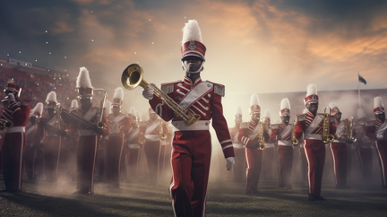 lordmunchkin a 1950s marching band on a football field in a Har 8a550ea3-1170-4b28-99f3-2978e3e9bc15
