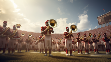 lordmunchkin a 1950s marching band on a football field in a Har 5dd217bb-3743-446f-97b6-dbf55bce07fd