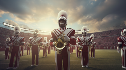 lordmunchkin a 1950s marching band on a football field in a Har 0a4b4343-6200-4065-9914-3e951b82cdac