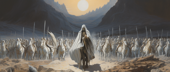 lordmunchkin A landscape of a wizard on a white horse with whit a5bf392e-8caf-4c67-afbb-57109398253d