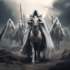 lordmunchkin A white robed wizard on a white horse accompanied  8b214228-3bc6-48a1-a35a-441db4162703