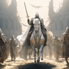 lordmunchkin A white robed wizard on a white horse accompanied  642cfde9-5882-4ae7-a4cd-2caf7d1930bb