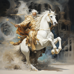 lordmunchkin A white robed wizard on a white horse with reinfor 0650b9f1-ffab-45ed-bbfa-315b489c64bc