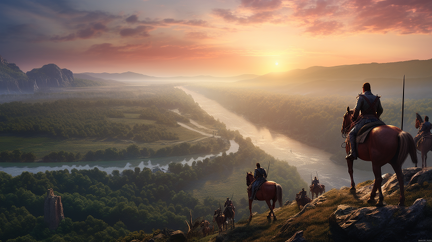 lordmunchkin Knights on horses on a cliff overlooking a battle  5f7962fc-b00e-4b87-9461-0f1cb6fdce00