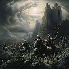 lordmunchkin Knights on horses on a cliff overlooking a battle  6b87f548-0402-4dab-abbf-0f631e315955