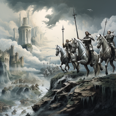 lordmunchkin Knights on horses on a cliff overlooking a battle  97ee9ca9-0a73-4040-93a2-476edef5ad86