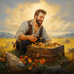 lordmunchkin A man finding a treasure chest filled with gold co 7e4e8a1e-722b-486e-b6e3-59ccc12a89fa