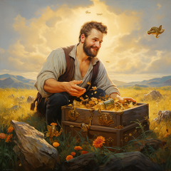 lordmunchkin A man finding a treasure chest filled with gold co f1c586f9-01ab-46f7-96d2-30414009de39