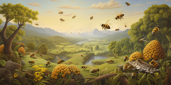 lordmunchkin A detailed painting of honey bees building a hiv 36d44f06-d4d1-48df-b0e9-490226058ce0 1