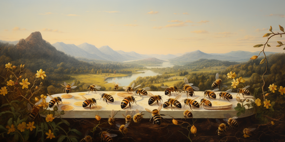 lordmunchkin A detailed painting of honey bees building a hiv 93eae628-26b6-4b94-879f-dee9da46f0d1 1