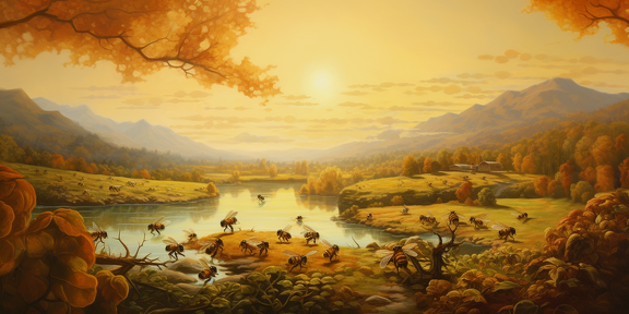 lordmunchkin A detailed painting of honey bees building a hiv 93eae628-26b6-4b94-879f-dee9da46f0d1 2