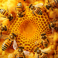 lordmunchkin An encaustic painting of honey bees building a h 1465df70-7e40-4957-b22b-22b19cf8a62a 0